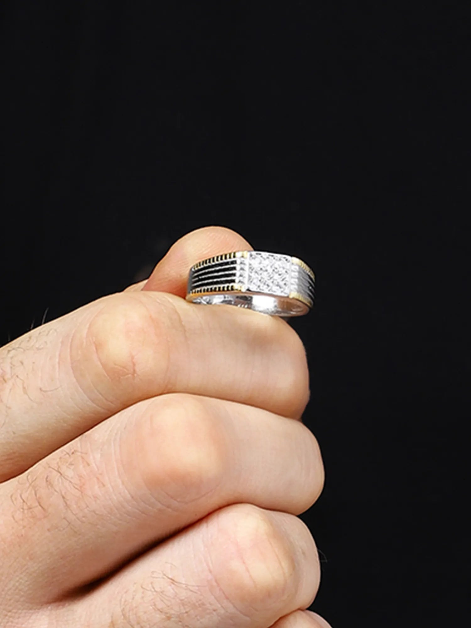 Sylvexia 925 Sterling Silver Gold Plated CZ Designer Ring for Men