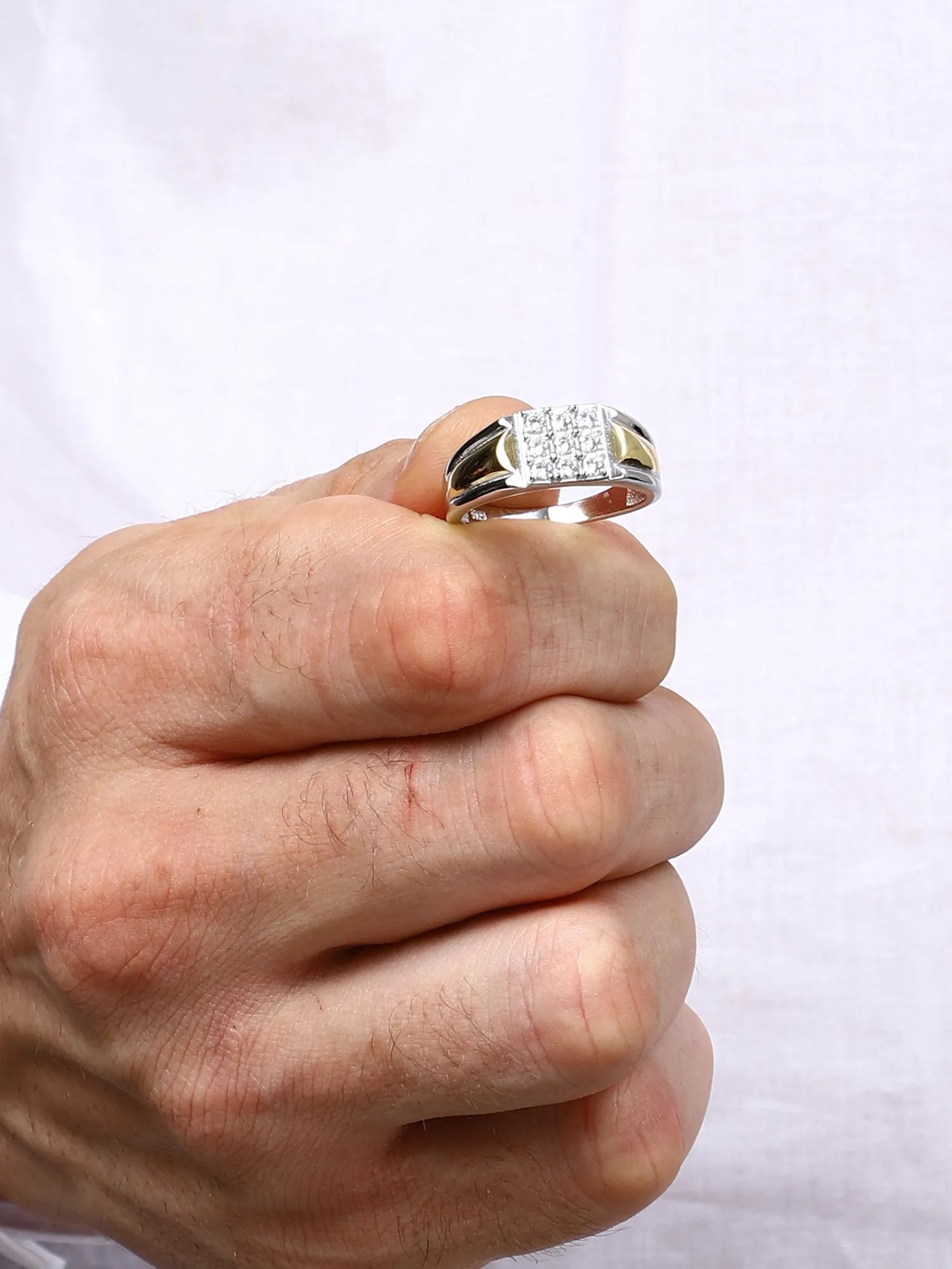 Sylvexia Men’s Two-Tone Gold & Silver CZ Cluster Designer Ring