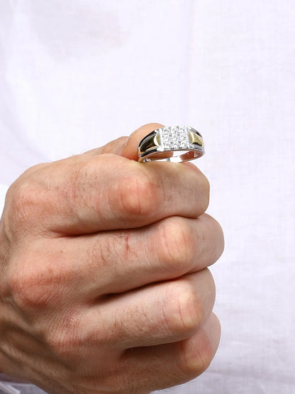 Sylvexia Men’s Two-Tone Gold & Silver CZ Cluster Designer Ring