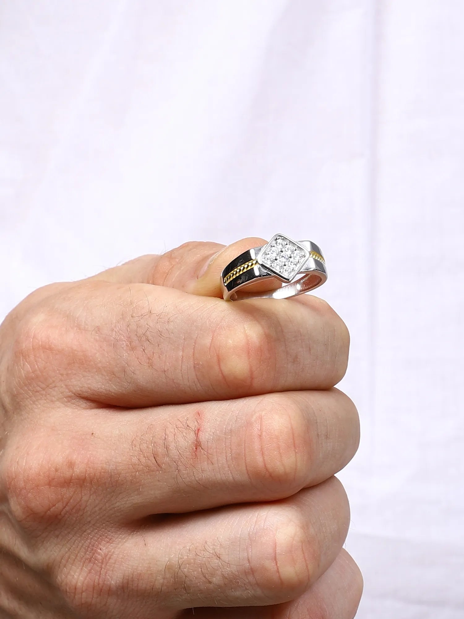 Sylvexia Men’s Two-Tone Square CZ Ring | Silver & Gold Stylish Statement Ring for Men