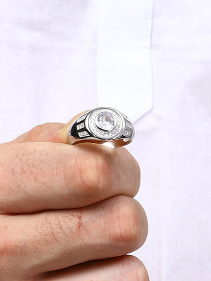 Sylvexia Men’s Silver Halo CZ Black Accent Designer Ring