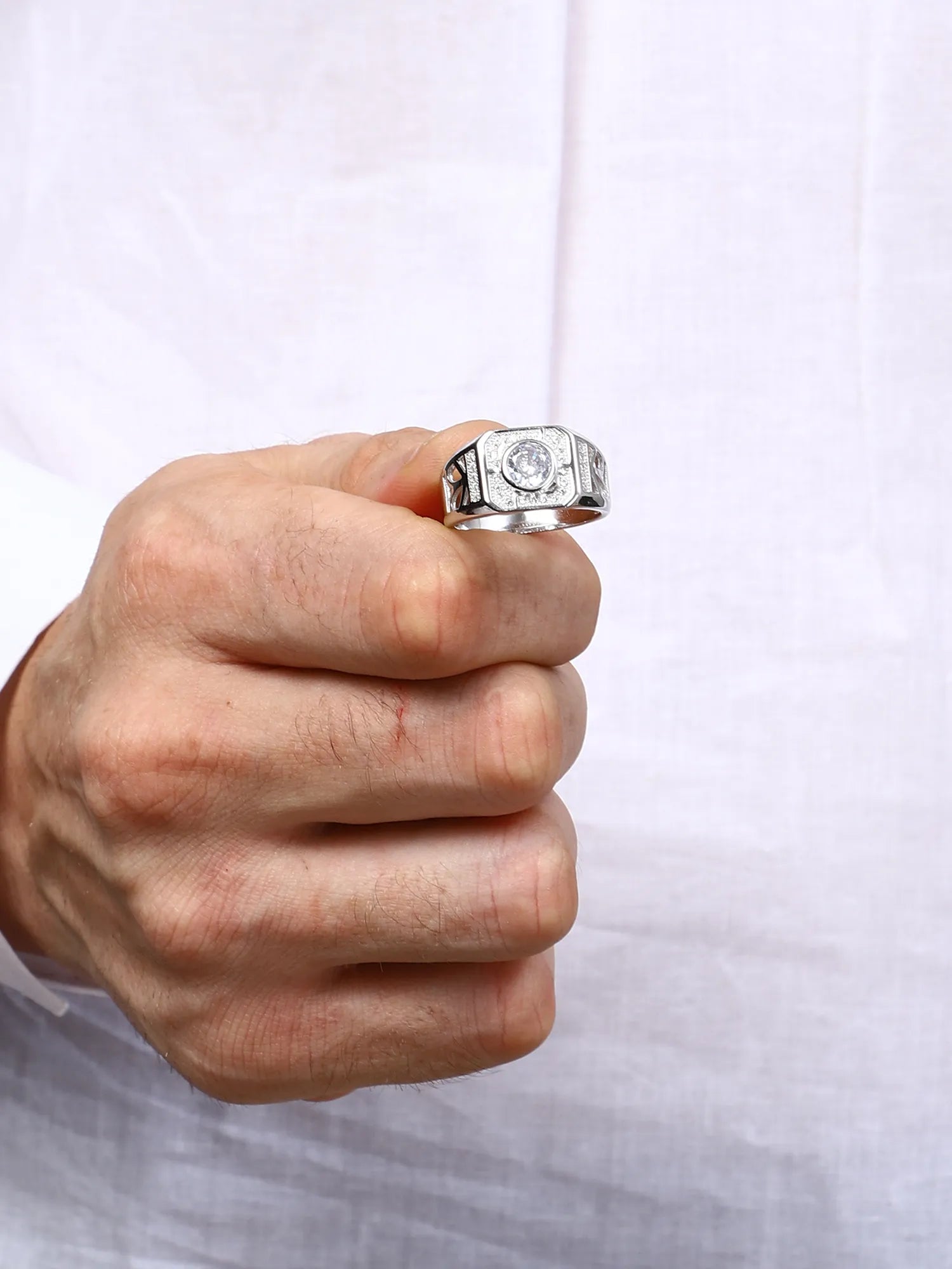 Sylvexia Men’s Silver Round Halo CZ Ring | Geometric Cut Designer Statement Ring