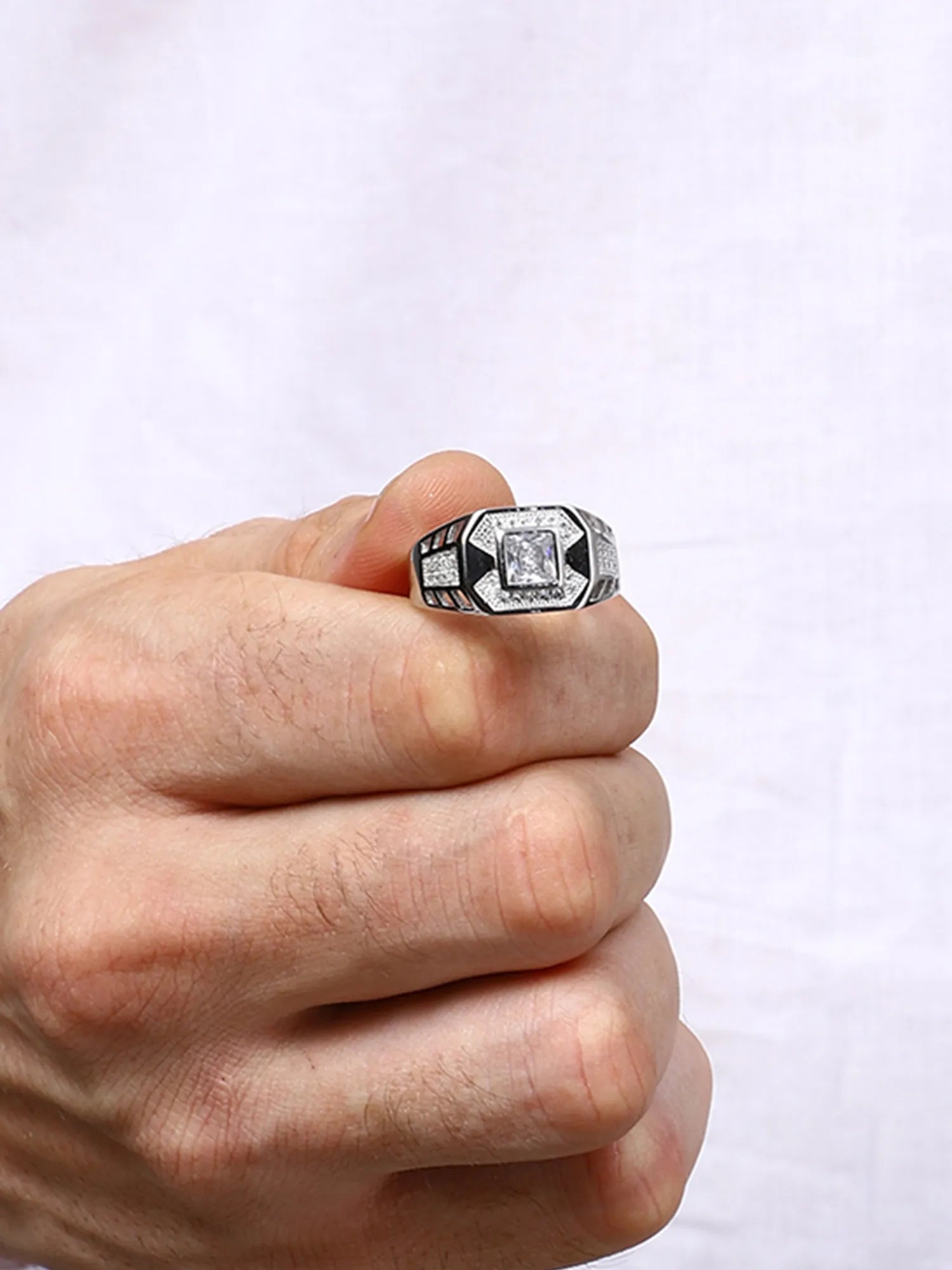Sylvexia Men’s Silver Square Diamond Ring Stylish