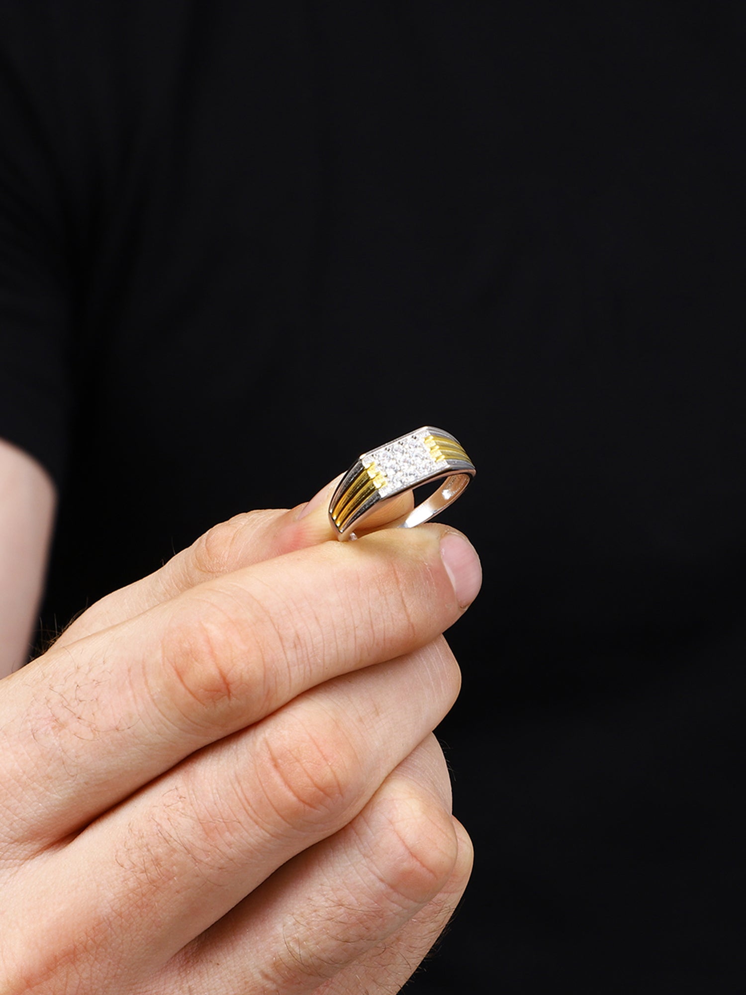 Sylvexia 925 Sterling Silver Two Tone CZ Band Ring for Men | Gold Accent Statement Ring