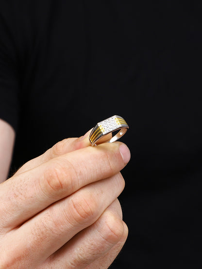 Sylvexia 925 Sterling Silver Two Tone CZ Band Ring for Men | Gold Accent Statement Ring