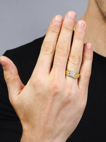 Sylvexia 925 Sterling Silver Two Tone CZ Square Ring for Men | Gold & Silver Statement Band