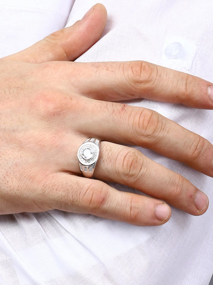 Sylvexia Men’s Silver Halo CZ Black Accent Designer Ring