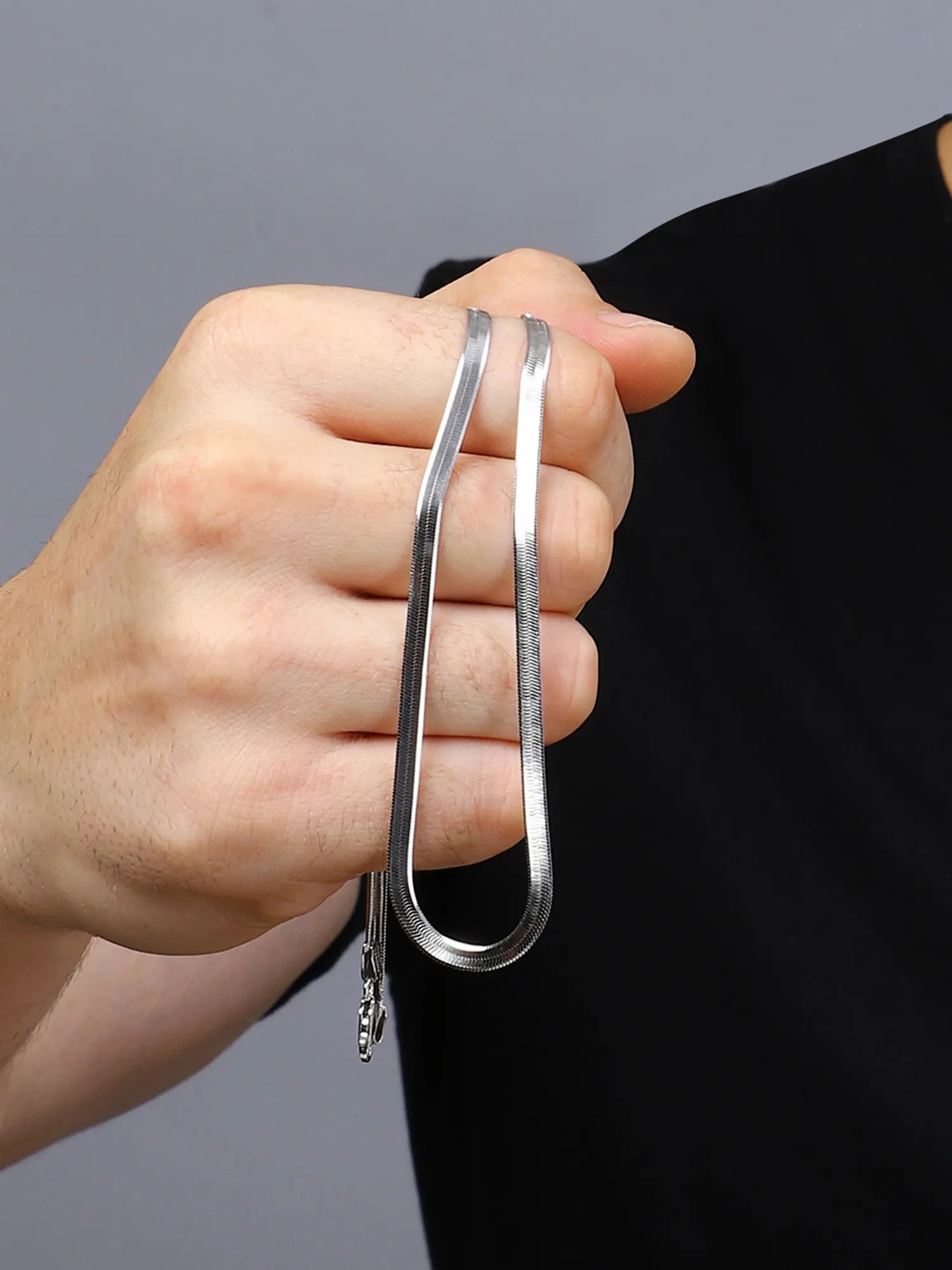 Sylvexia Silver Flat Snake Chain Necklace for Men | Sleek Minimal Chain