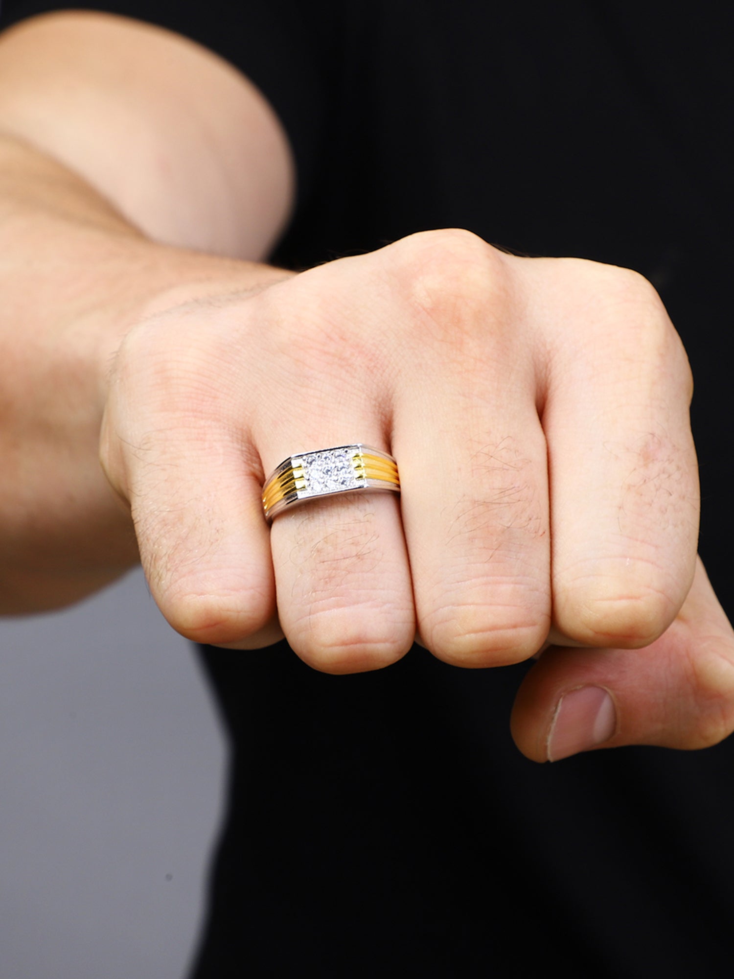 Sylvexia 925 Sterling Silver Two Tone CZ Band Ring for Men | Gold Accent Statement Ring