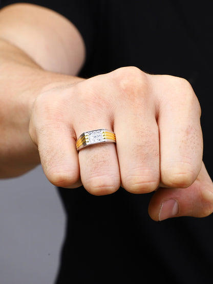 Sylvexia 925 Sterling Silver Two Tone CZ Band Ring for Men | Gold Accent Statement Ring