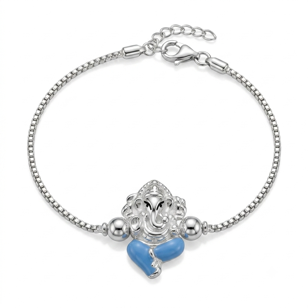 SYLVEXIA 925 Sterling Silver Blue Ganesha Rakhi Bracelet for Brother