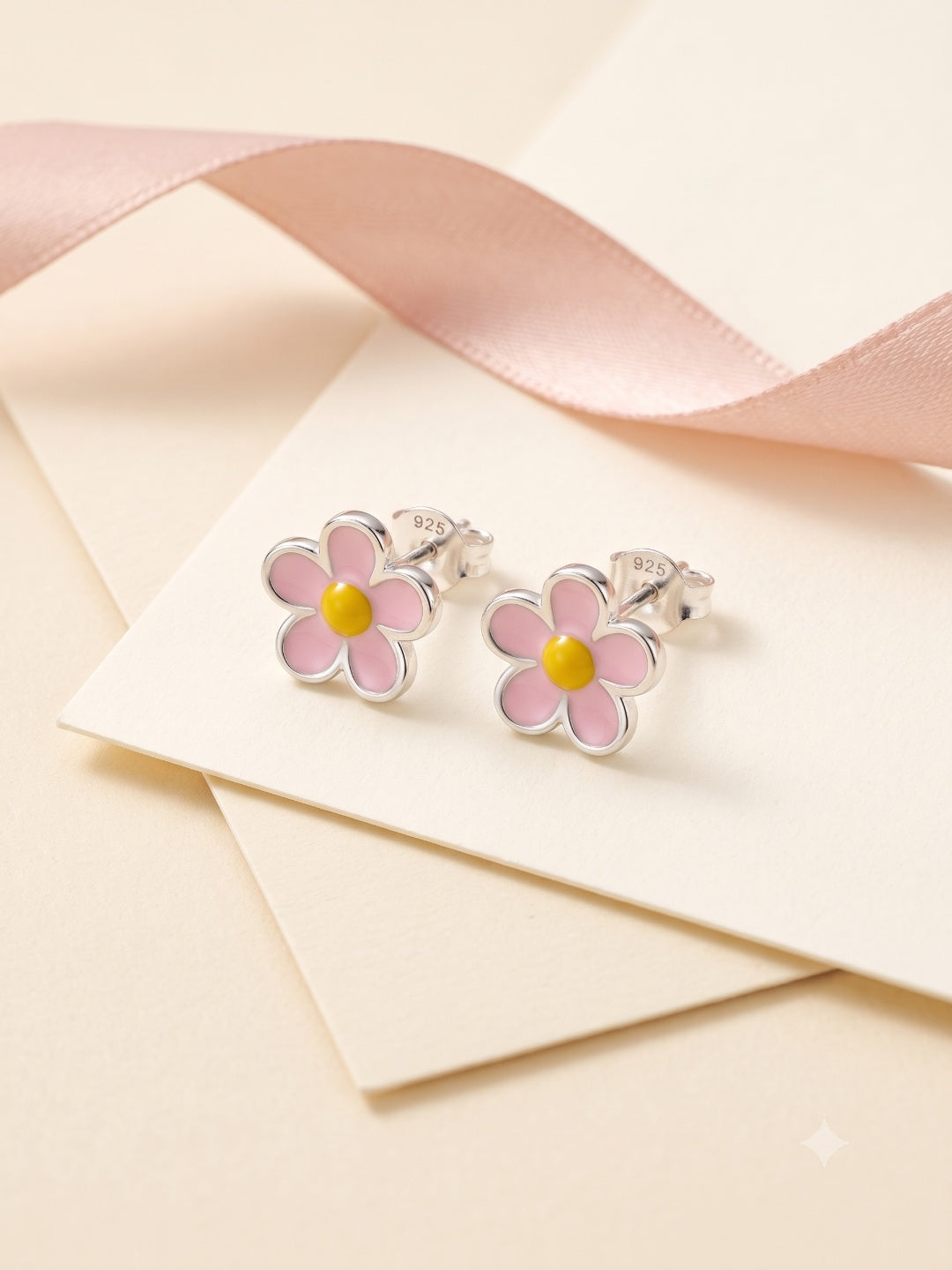 SYLVEXIA 925 Sterling Silver Pink Floral Stud Earrings