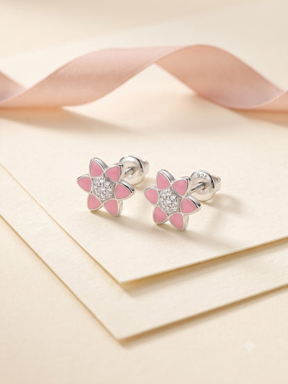 SYLVEXIA 925 Sterling Silver Pink Floral Stud Earrings