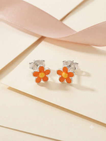 SYLVEXIA 925 Sterling Silver Orange Floral Stud Earrings