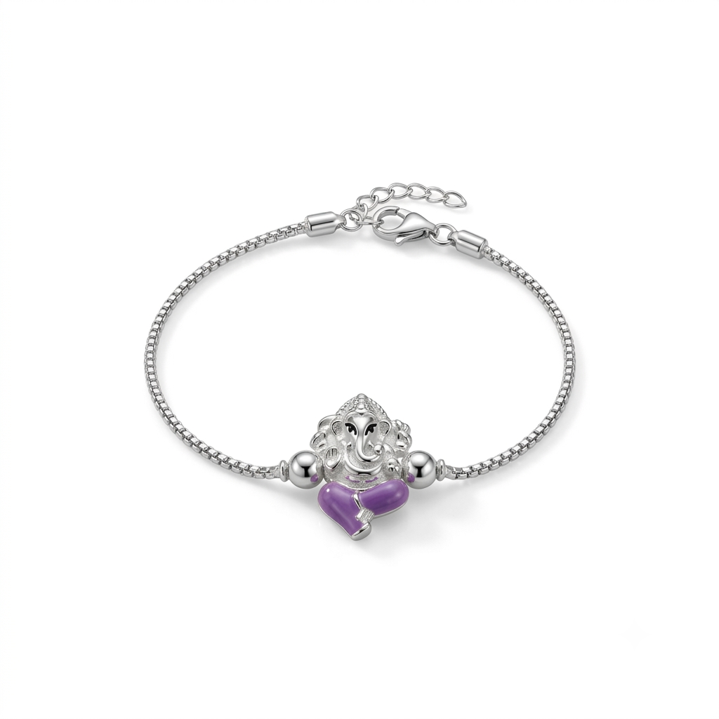 SYLVEXIA 925 Sterling Silver Purple Ganesha Rakhi Bracelet for Brother