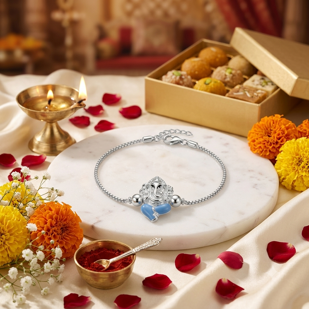 SYLVEXIA 925 Sterling Silver Blue Ganesha Rakhi Bracelet for Brother