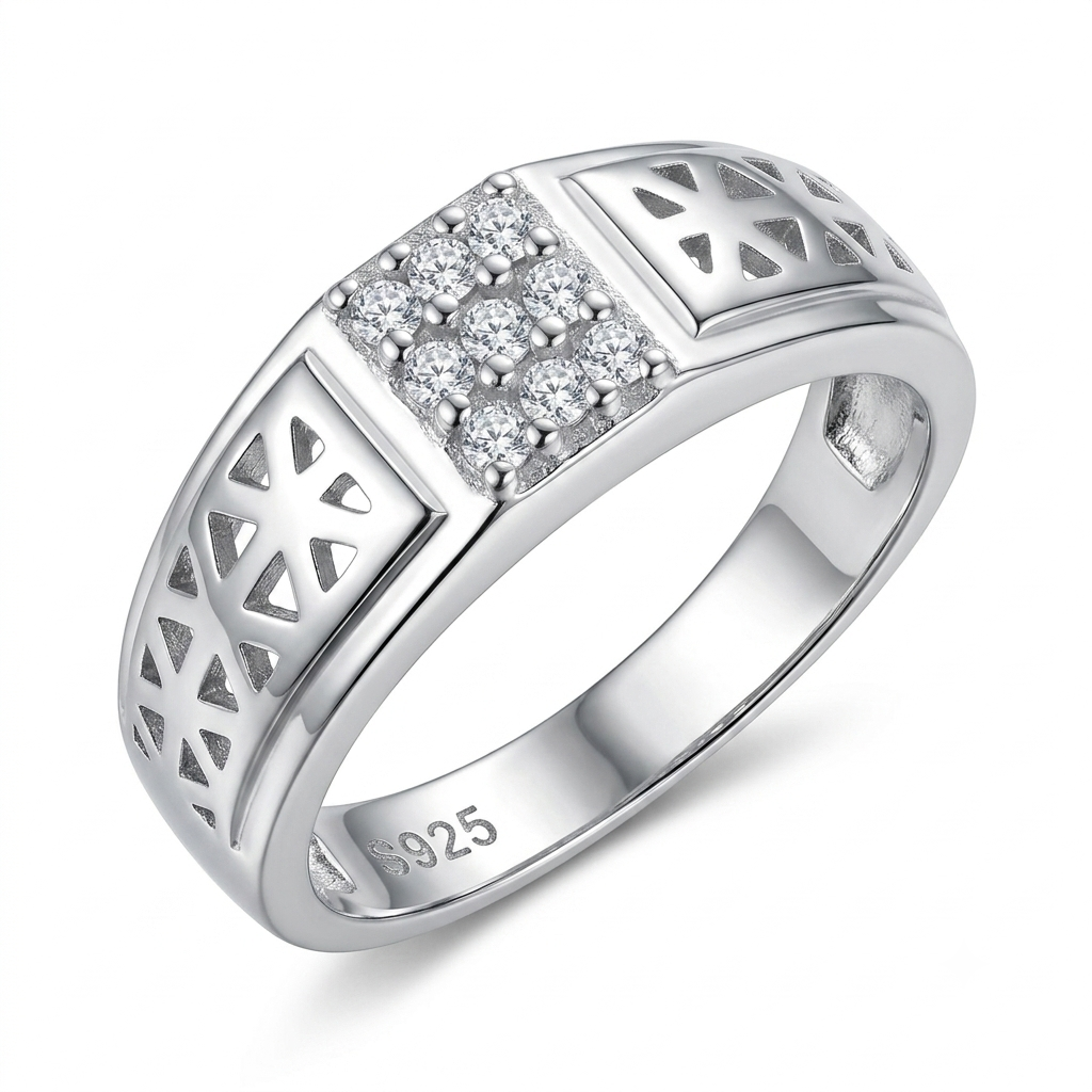 SYLVEXIA 925 Sterling Silver CZ Cluster Ring for Women Geometric Openwork Band Ring
