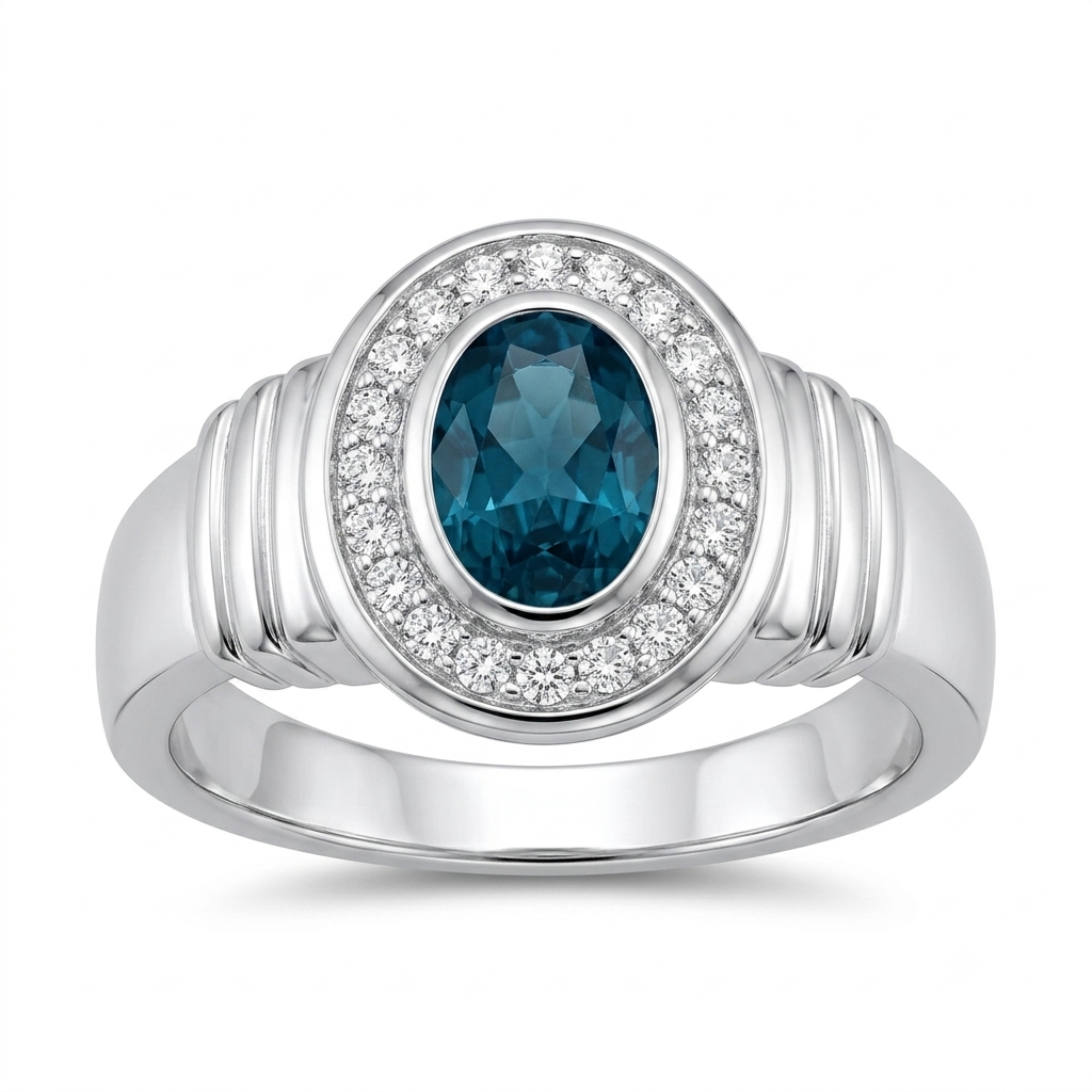 SYLVEXIA 925 Sterling Silver Oval Cut London Blue Topaz Halo Ring for Women