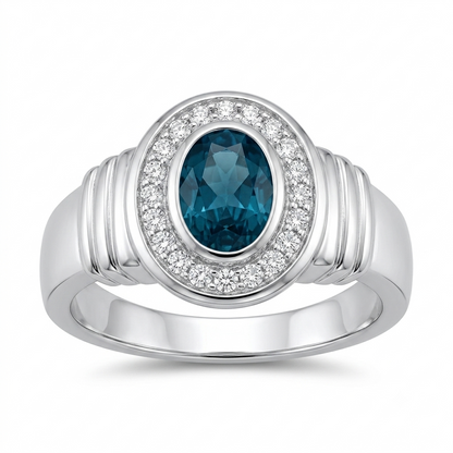 SYLVEXIA 925 Sterling Silver Oval Cut London Blue Topaz Halo Ring for Women