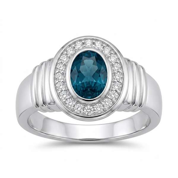 SYLVEXIA 925 Sterling Silver Oval Cut London Blue Topaz Halo Ring for Women