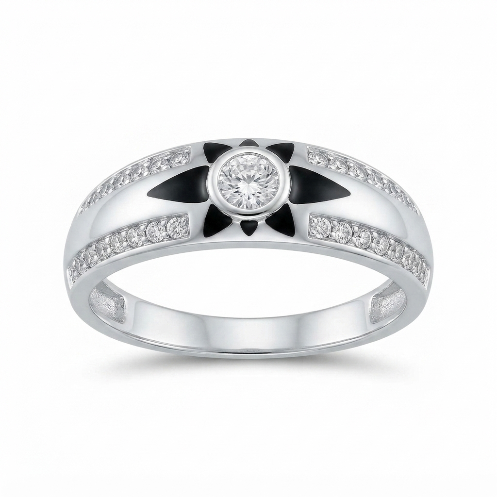 Sylvexia 925 Sterling Silver Black Enamel CZ Floral Band Ring for Women