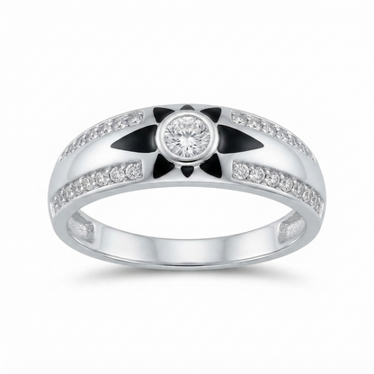 Sylvexia 925 Sterling Silver Black Enamel CZ Floral Band Ring for Women