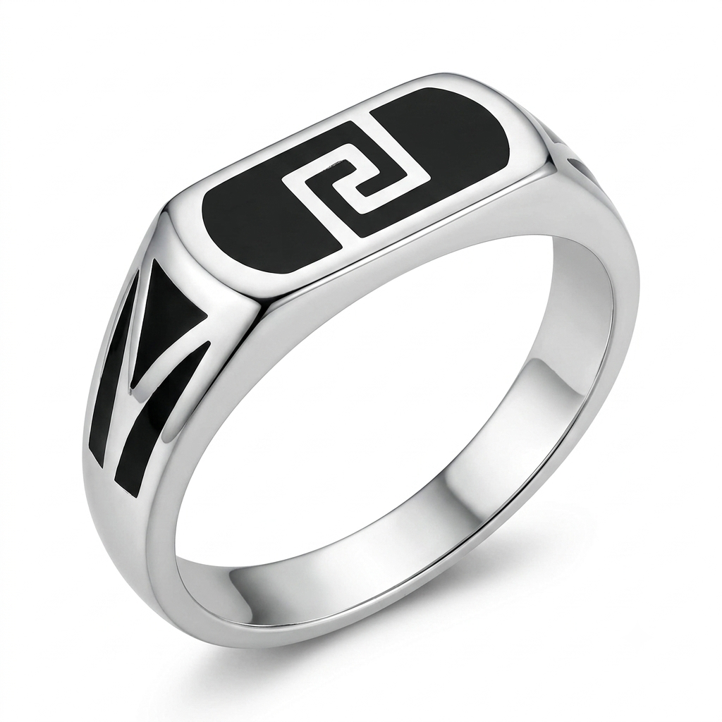 925 Sterling Silver Mens Black Enamel Greek Key Signet Ring