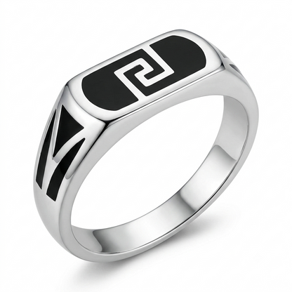 925 Sterling Silver Mens Black Enamel Greek Key Signet Ring