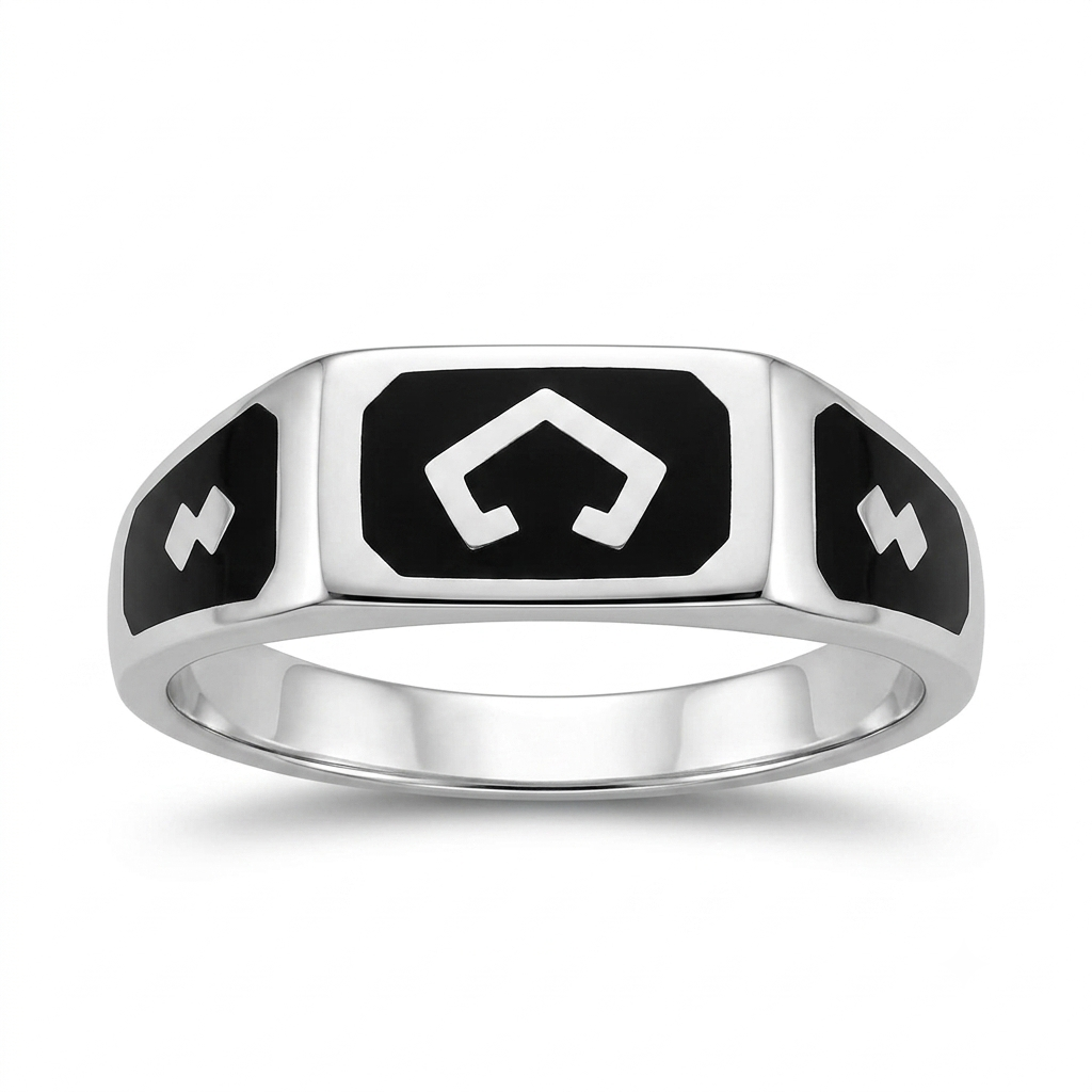 925 Sterling Silver Mens Black Enamel Greek Key Band Ring