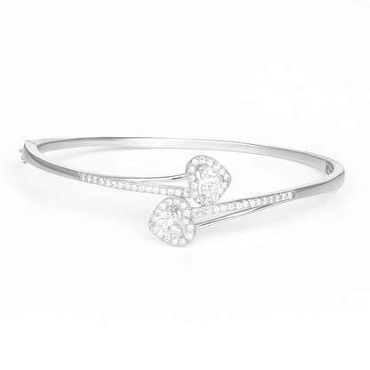Elegant Double Heart Diamond Bracelet – Silver Open Cuff Bangle for Women