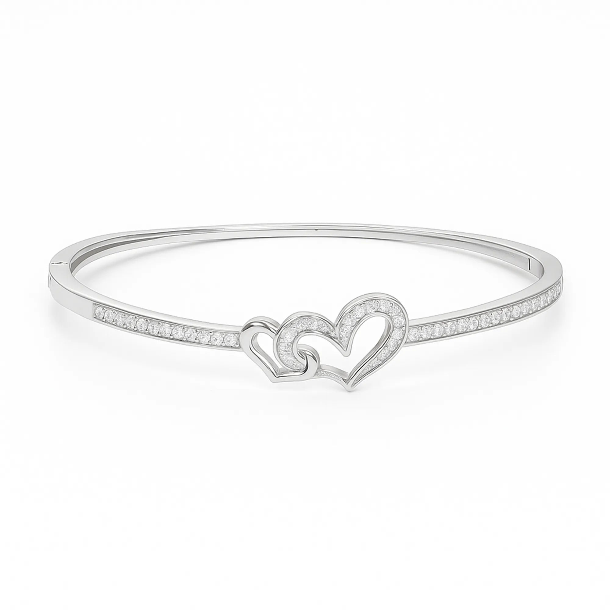 Elegant Double Heart Diamond Bangle Bracelet – Silver Crystal Cuff for Women