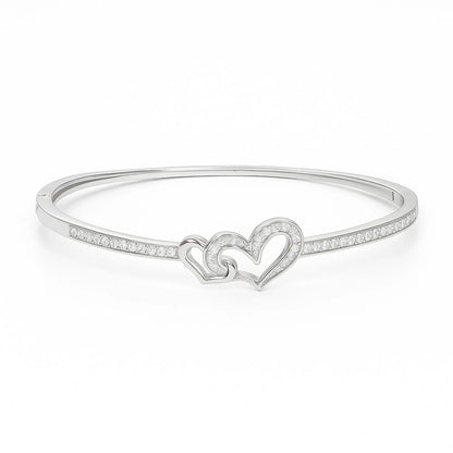Elegant Double Heart Diamond Bangle Bracelet – Silver Crystal Cuff for Women