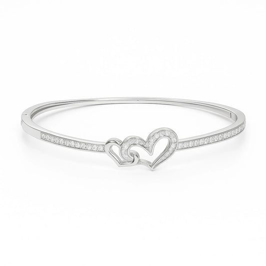 Elegant Double Heart Diamond Bangle Bracelet – Silver Crystal Cuff for Women