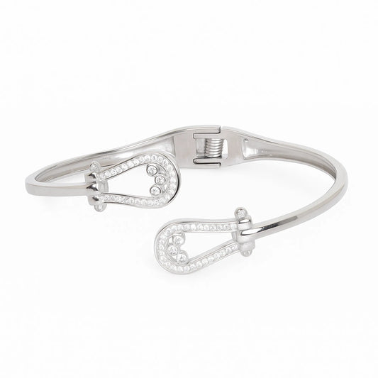 Elegant Horseshoe Diamond Bangle Bracelet – Silver Lucky Charm Cuff for Women