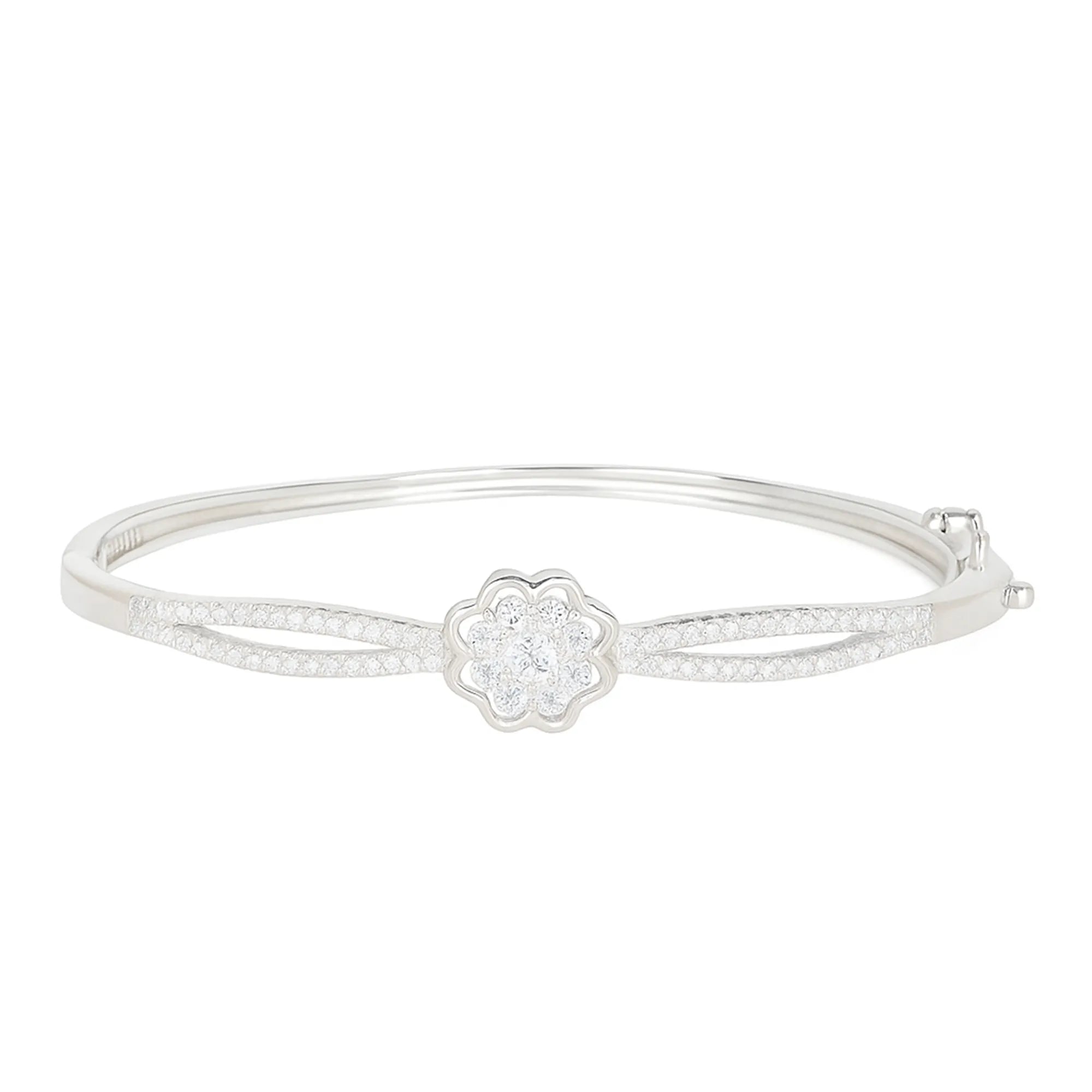 925 Sterling Silver Floral Center Bangle Bracelet