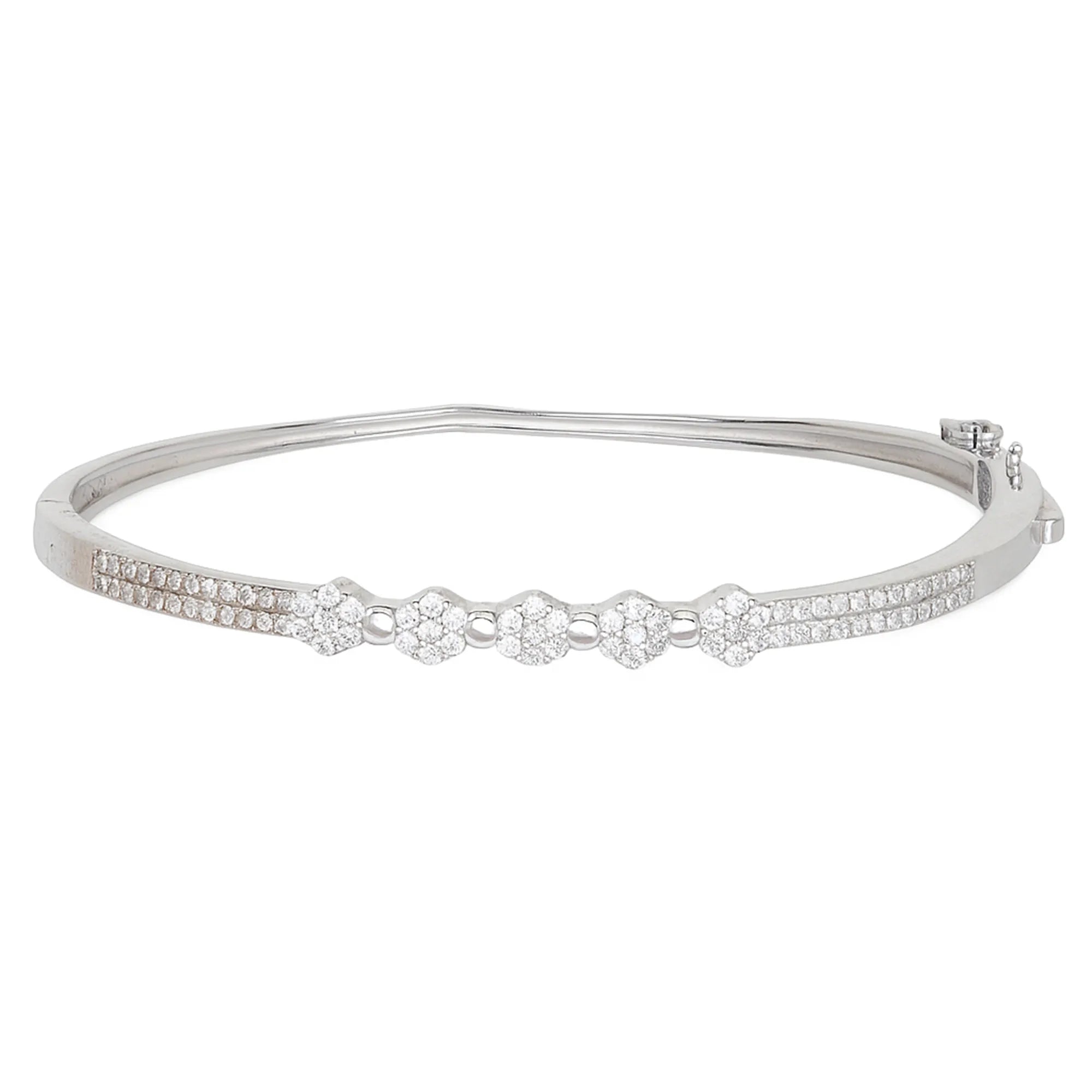 925 Sterling Silver Diamond-Style Floral Bangle Bracelet