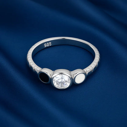 925 Sterling Silver Triple Stone Ring for Women Black White & Crystal Design