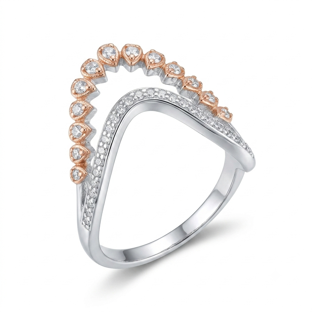 Sylvexia 925 Sterling Silver Rose Gold CZ V Shape Band Ring for Women