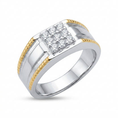 Two Tone 925 Sterling Silver Mens Square Cubic Zirconia Ring