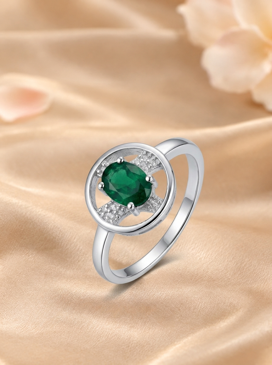 SYLVEXIA 925 Sterling Silver Green Oval Stone Ring for Women