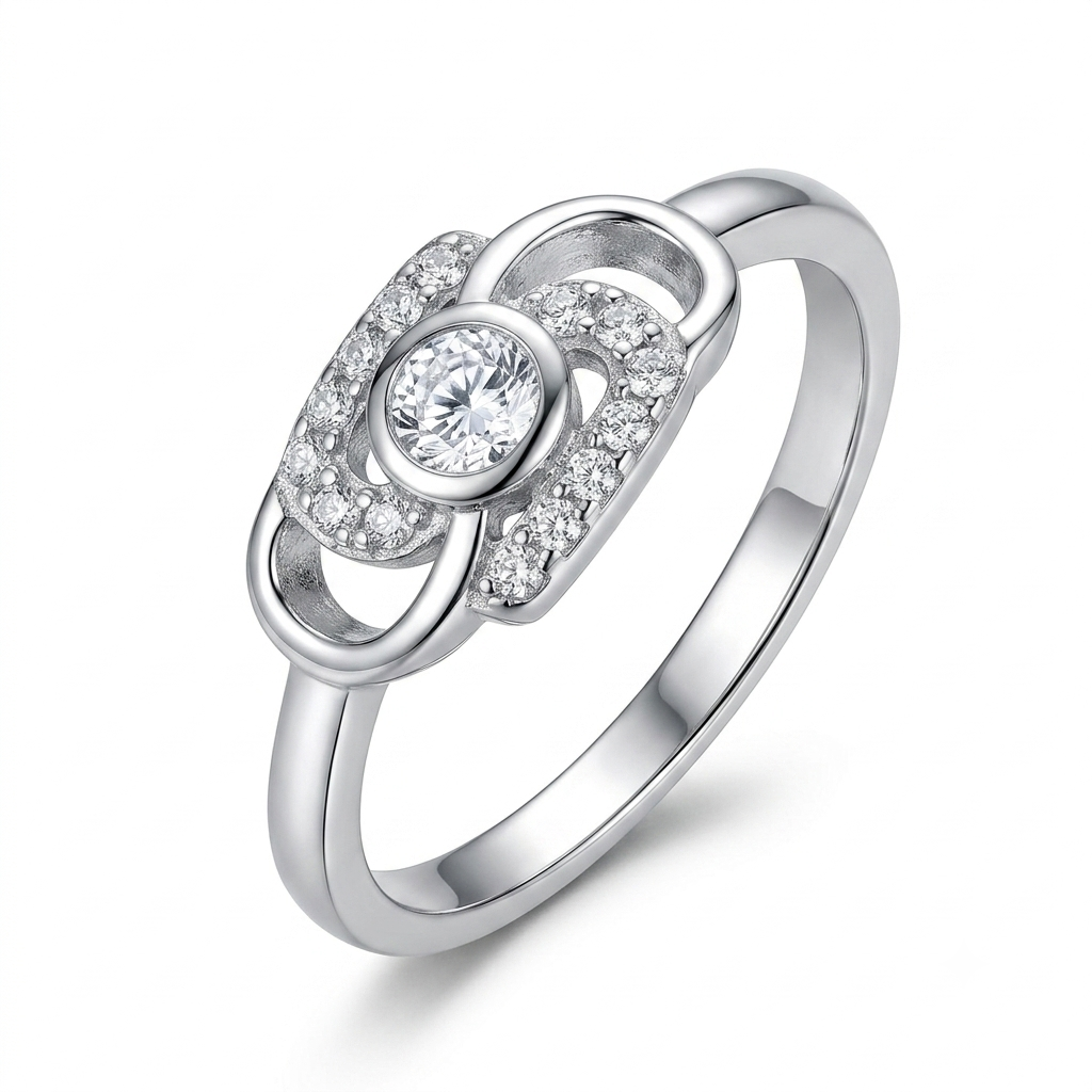 Sylvexia Elegant Interlocking Halo Cubic Zirconia Ring in Silver Tone