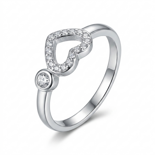 SYLVEXIA 925 Sterling Silver Open Heart Ring with CZ Accent Stone for Women