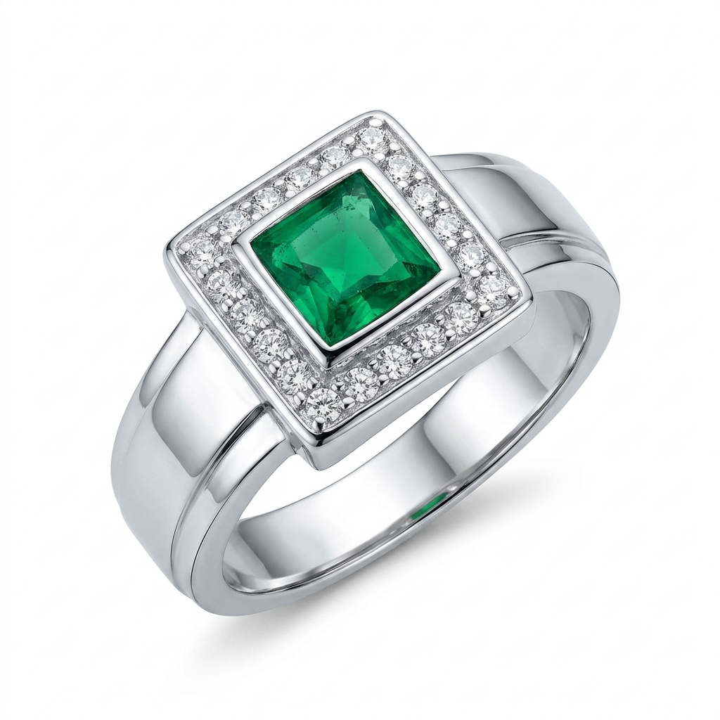 SYLVEXIA Emerald Cut Green Emerald Halo Ring in 925 Sterling Silver with CZ Accents for Women