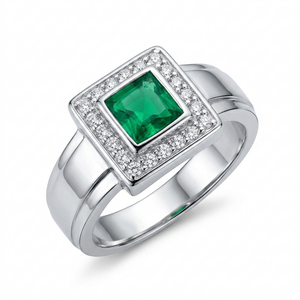 SYLVEXIA Emerald Cut Green Emerald Halo Ring in 925 Sterling Silver with CZ Accents for Women