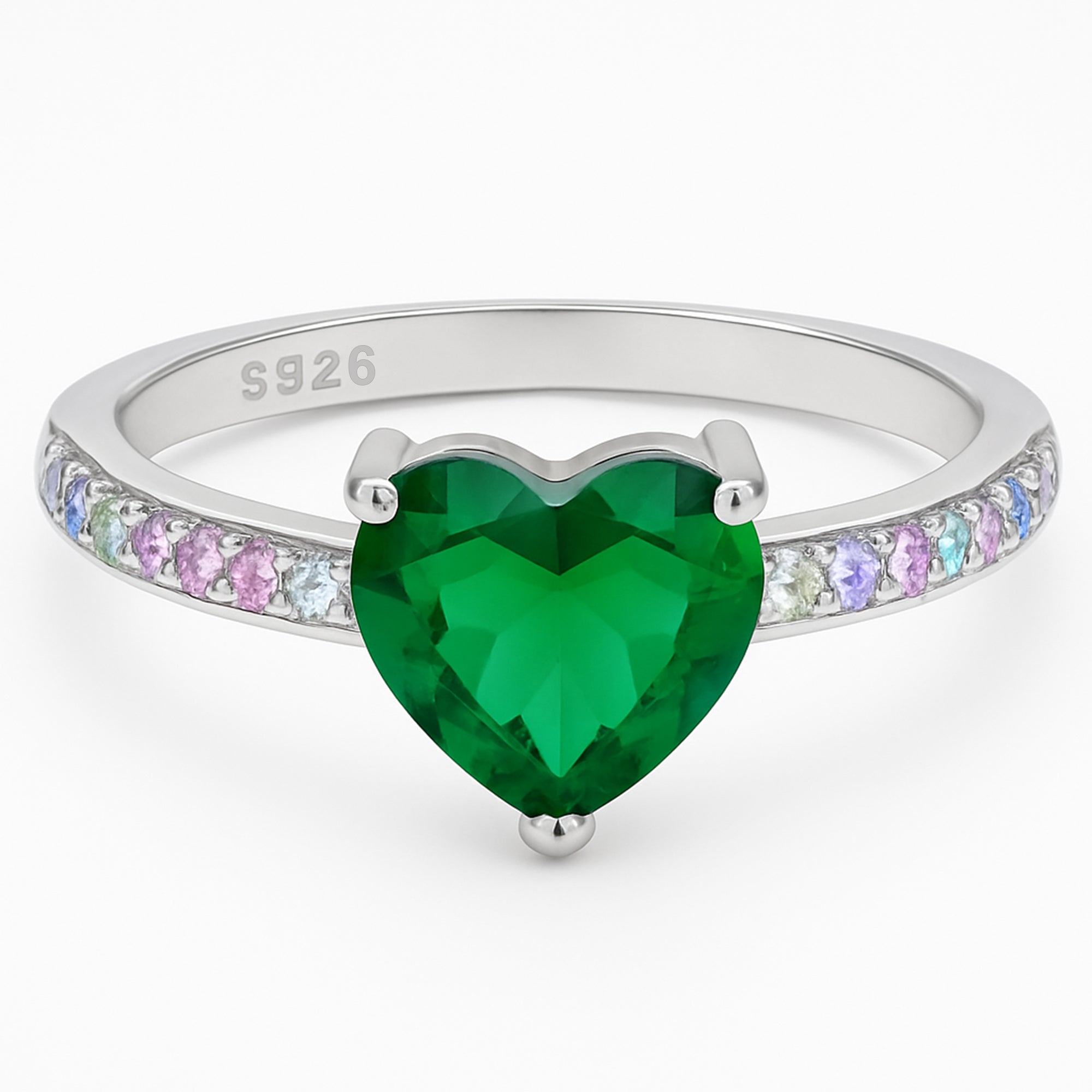 925 Sterling Silver Green Heart Stone Ring with Multicolor Band