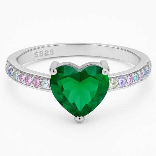 925 Sterling Silver Green Heart Stone Ring with Multicolor Band