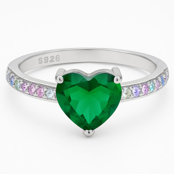 925 Sterling Silver Green Heart Stone Ring with Multicolor Band