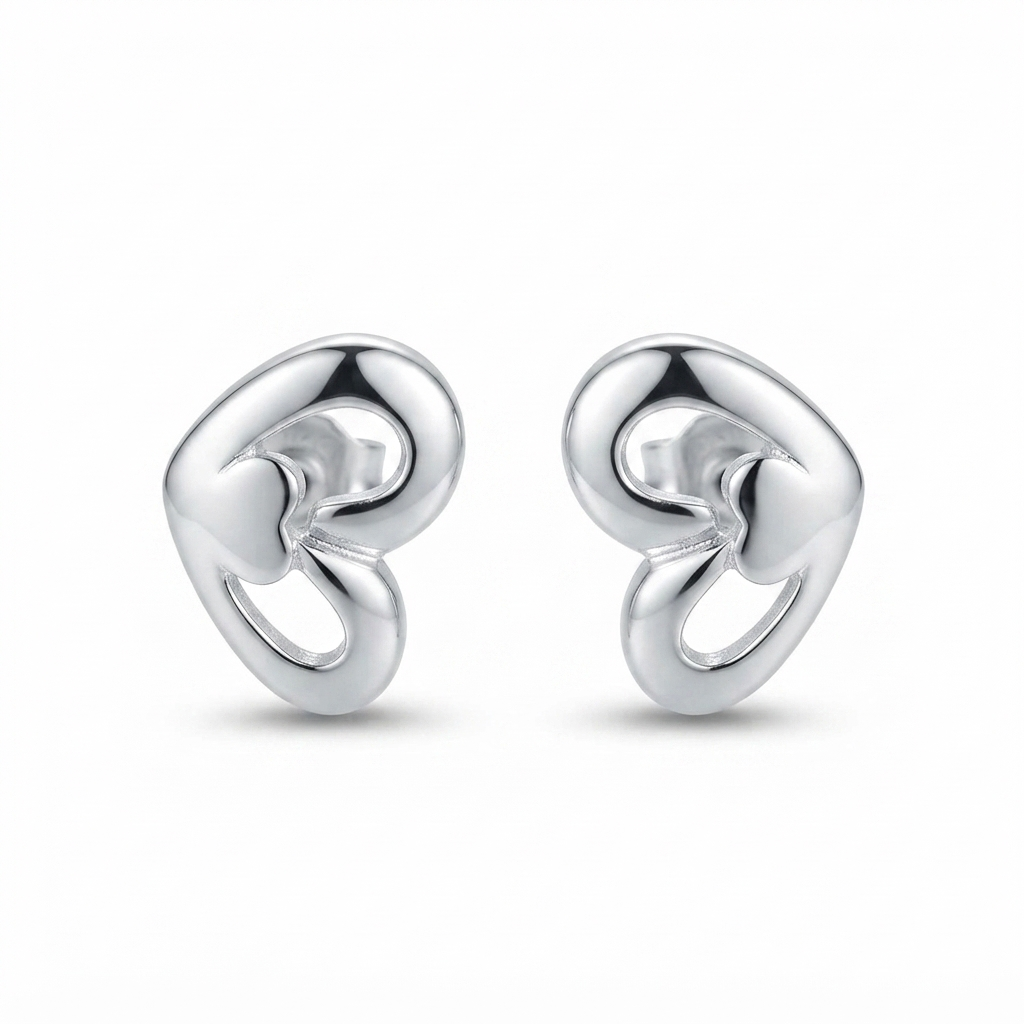 Sylvexia Silver Split Heart Crystal Stud Earrings
