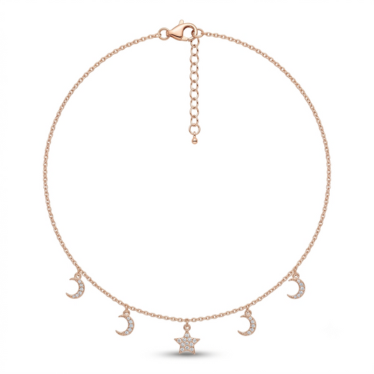 SYLVEXIA 925 Sterling Silver Rose Gold Moon & Star CZ Necklace for Women