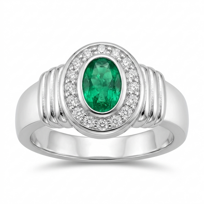 SYLVEXIA Oval Cut Green Emerald Halo Ring in 925 Sterling Silver for Women